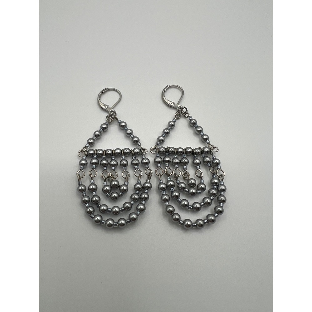 Gunmetal Gray Beaded Chandelier Earrings Tiered Dangle Lever Back Statement